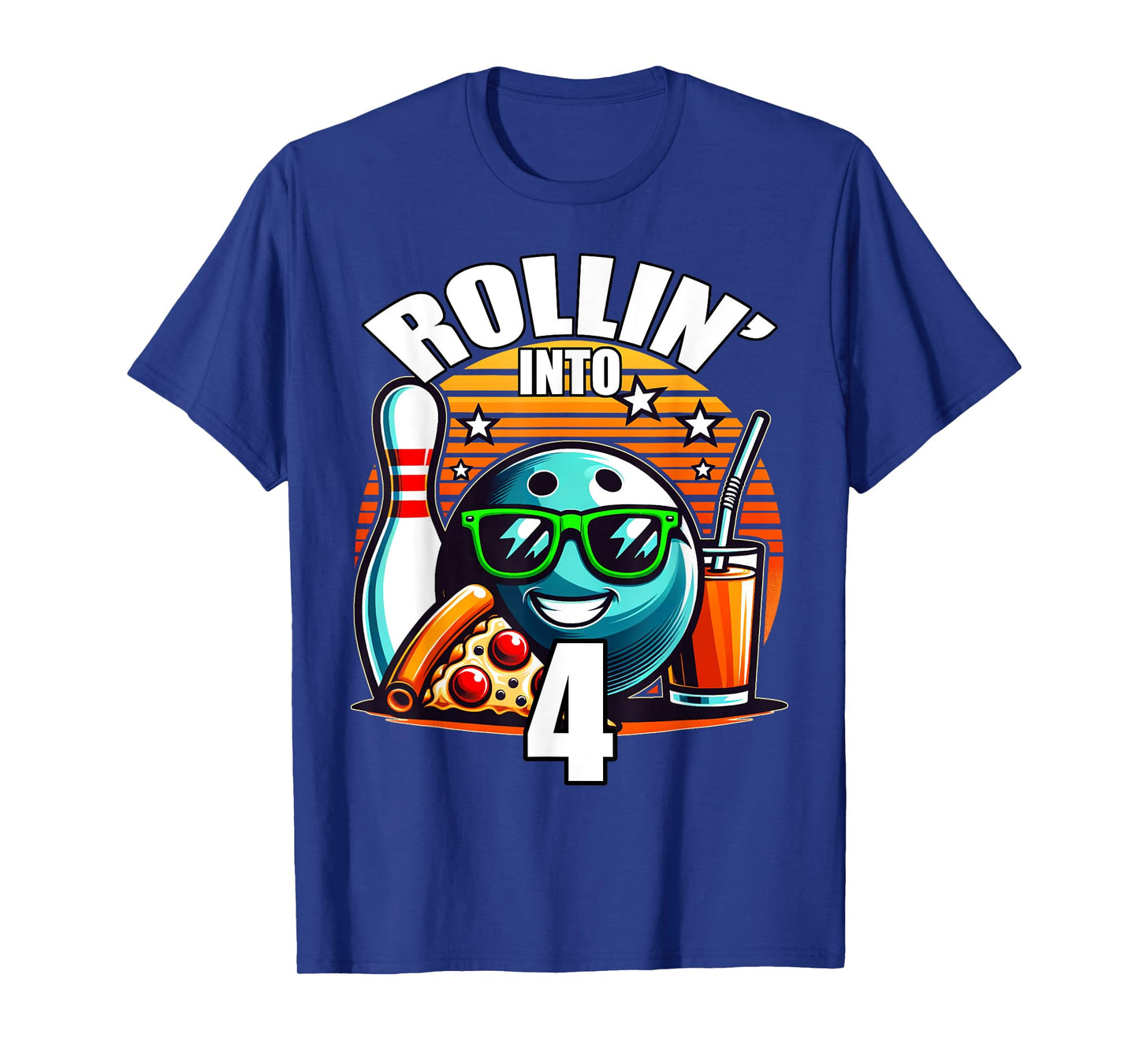 Rollin into 4 Bowling Birthday Party 4th Birthday Retro Kids T-Shirt