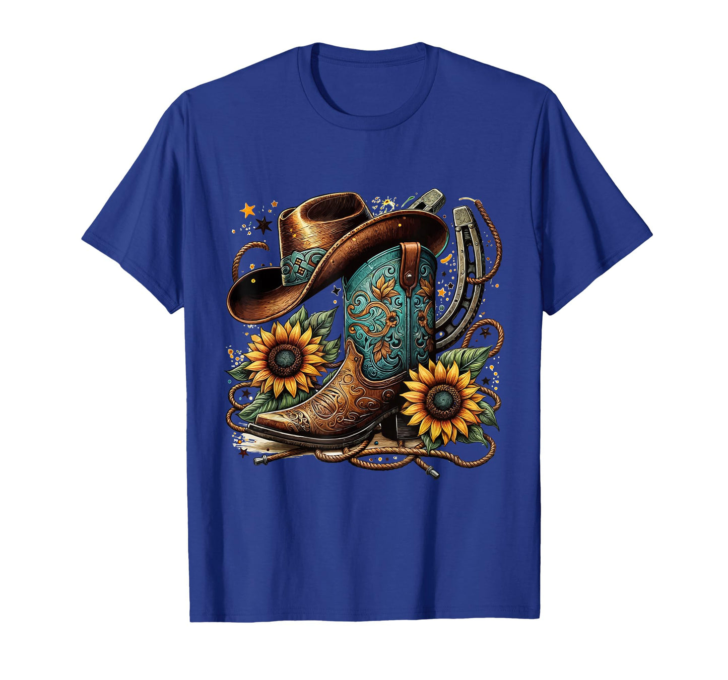 Western Cowboy Boot Horseshoe Sunflower Rope Cowgirl Boot T-Shirt, Small, Black