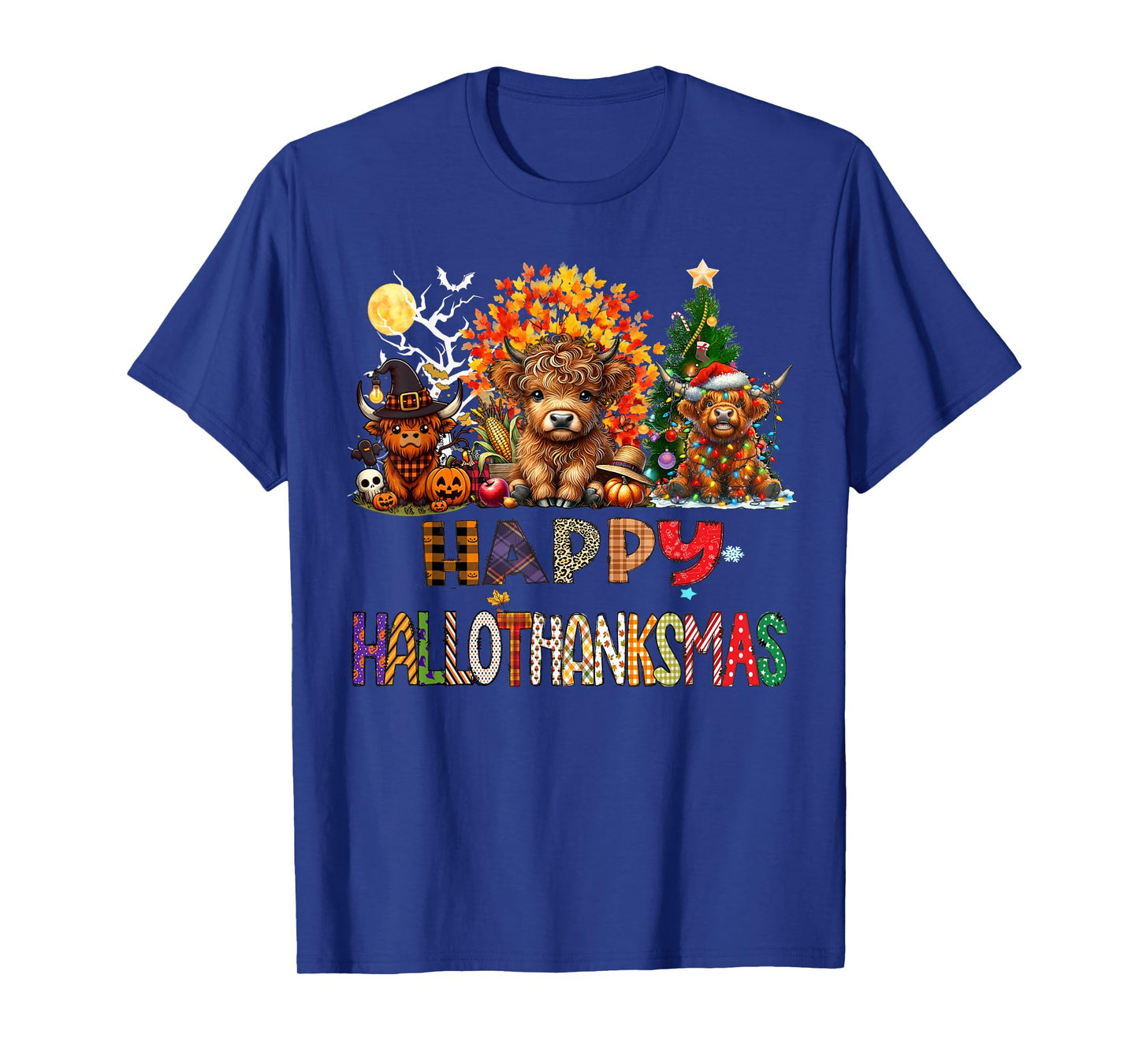 Happy Halloween Thanksgiving Christmas Highland Cow Holiday T-Shirt
