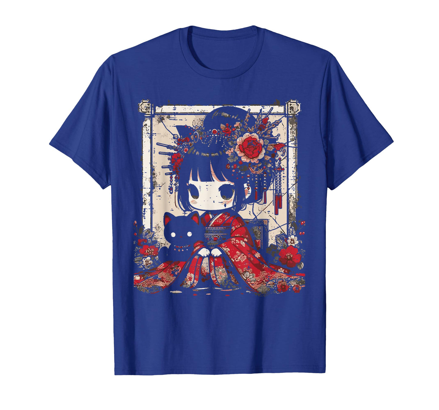 Chibi Kimono Girl Black Cat Flowers Japanese Art Women Kids T-Shirt