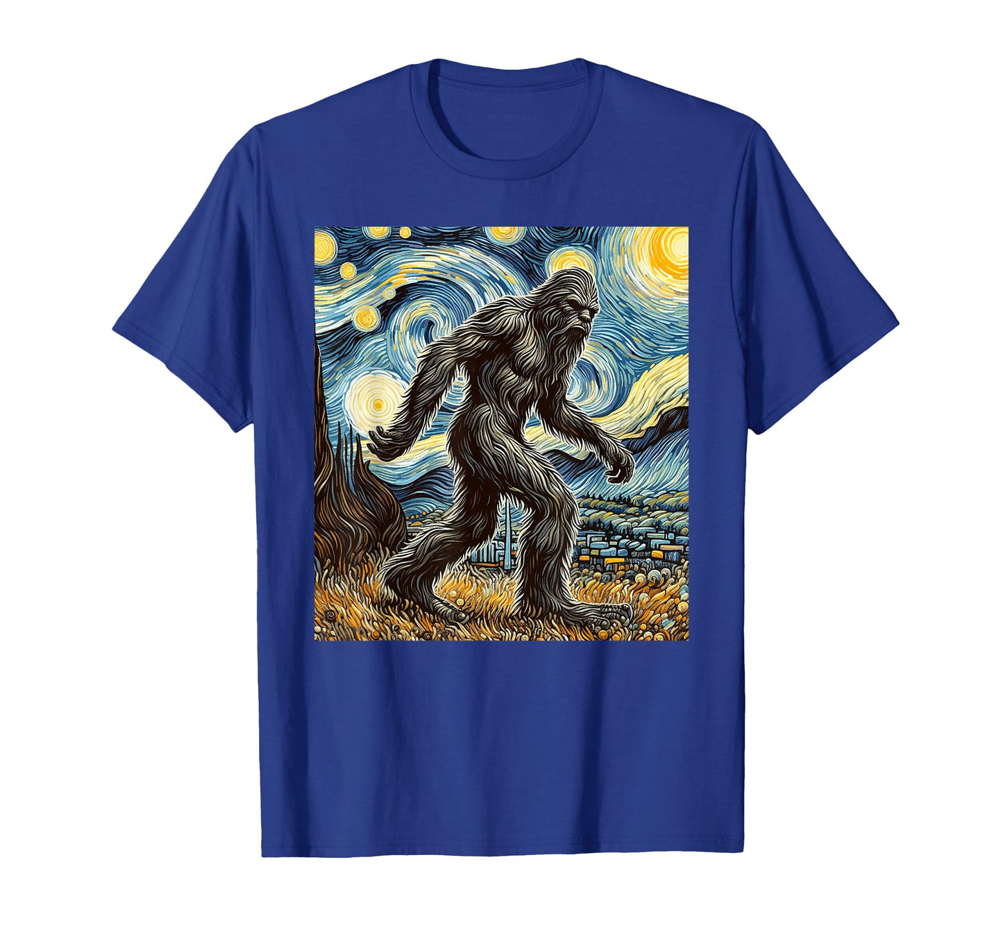 Funny Bigfoot Starry Night Sasquatch Van Gogh Sky Painting T-Shirt