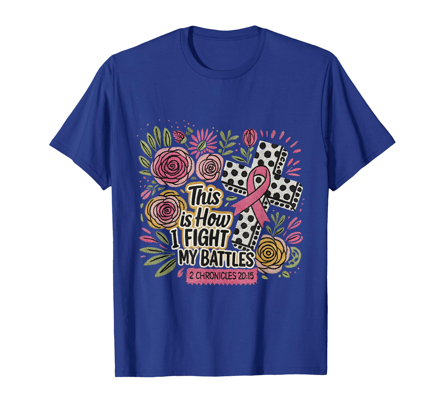 Faux Embroidery Cross Ribbon Floral Scripture Faith Art T-Shirt