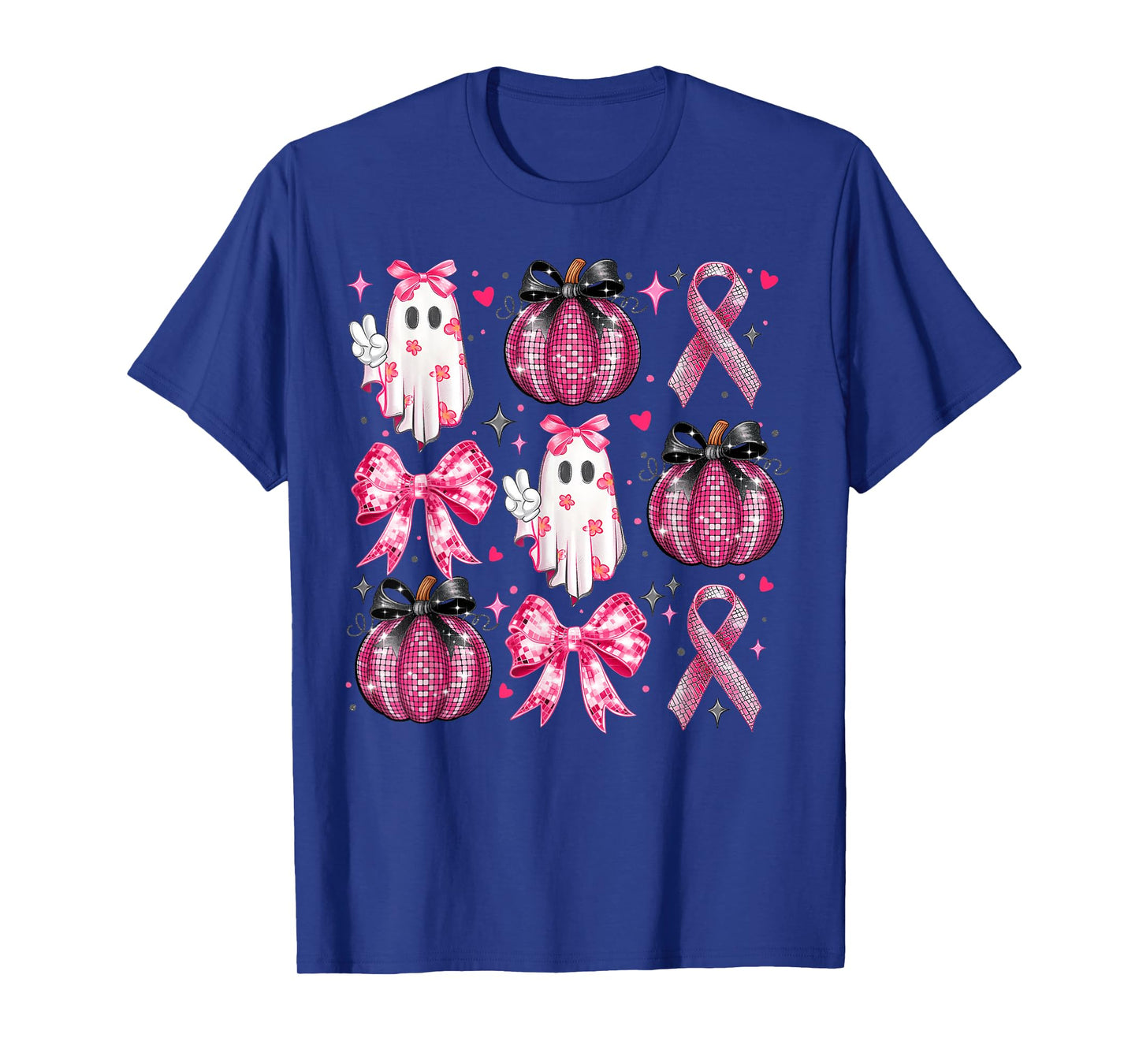 Halloween Pumpkin Pink Ribbon Disco Ghost Bow Breast Cancer T-Shirt
