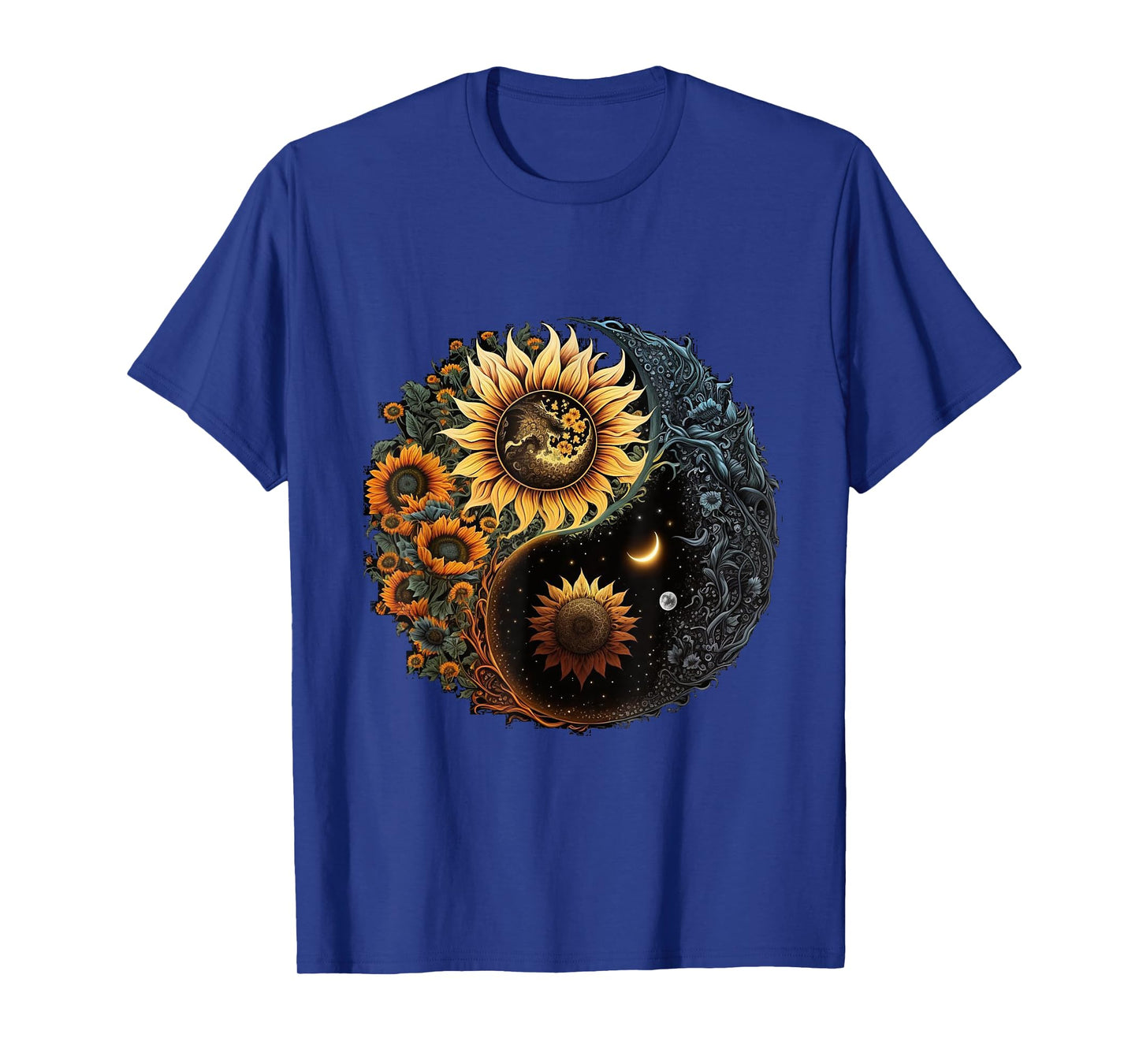 Yin And Yang Aesthetic Sunflower And Crescent Moon Art T-Shirt