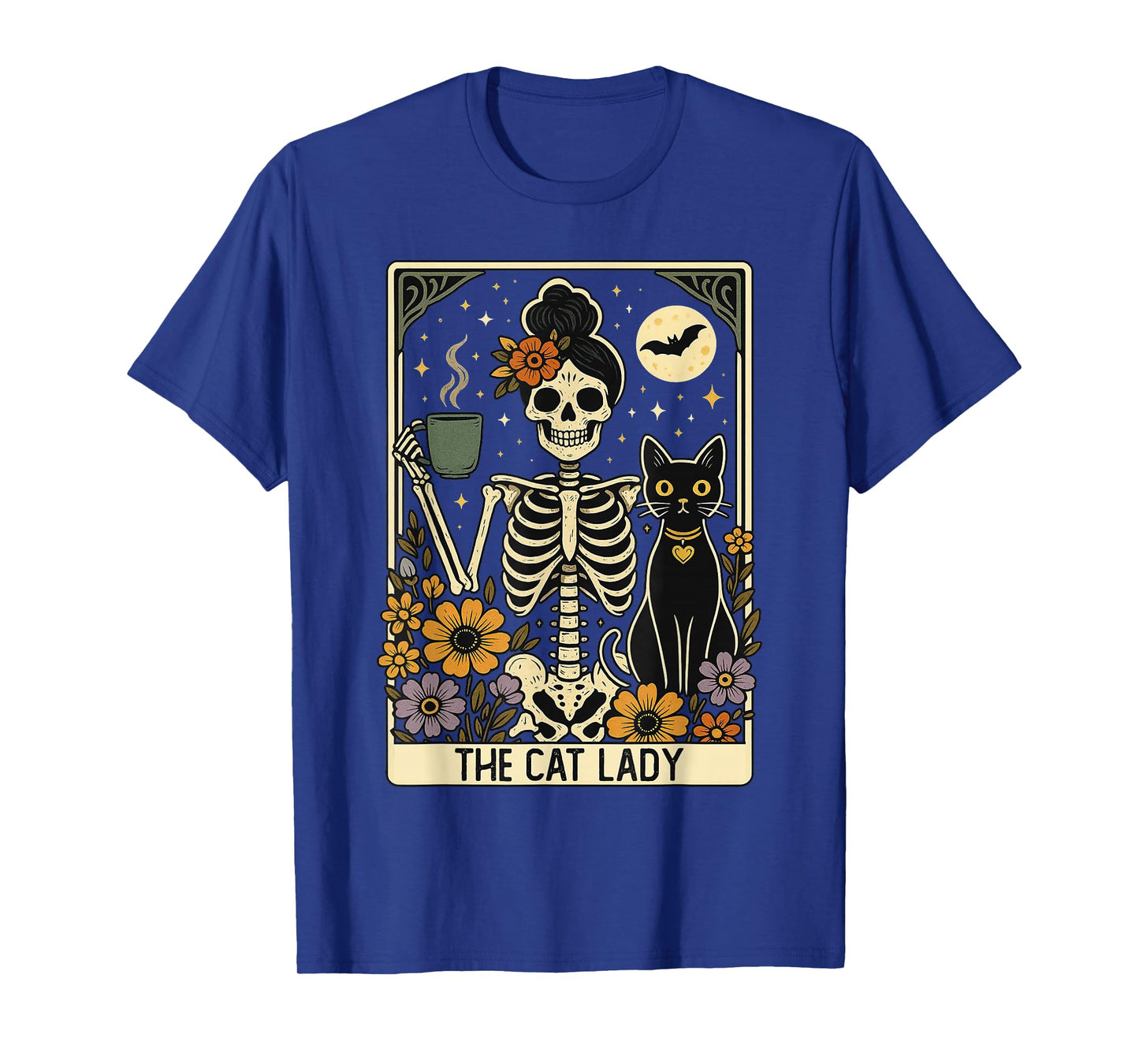 Mystic Skeleton The Cat Lady with Coffee Tarot Card Vibes T-Shirt