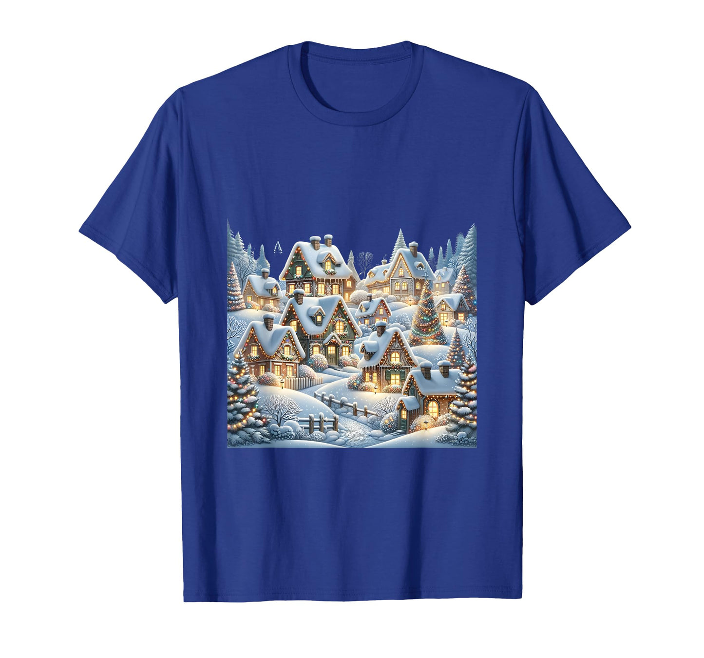 Winter Village Snow Covered Cottages Christmas Lights Scene T-Shirt