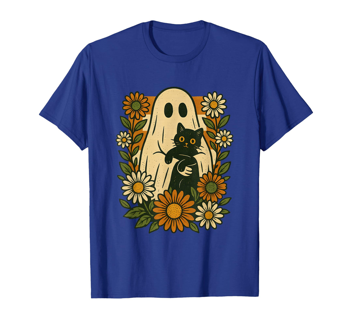 Cute Ghost Holding Black Cat Groovy Floral Funny Halloween T-Shirt