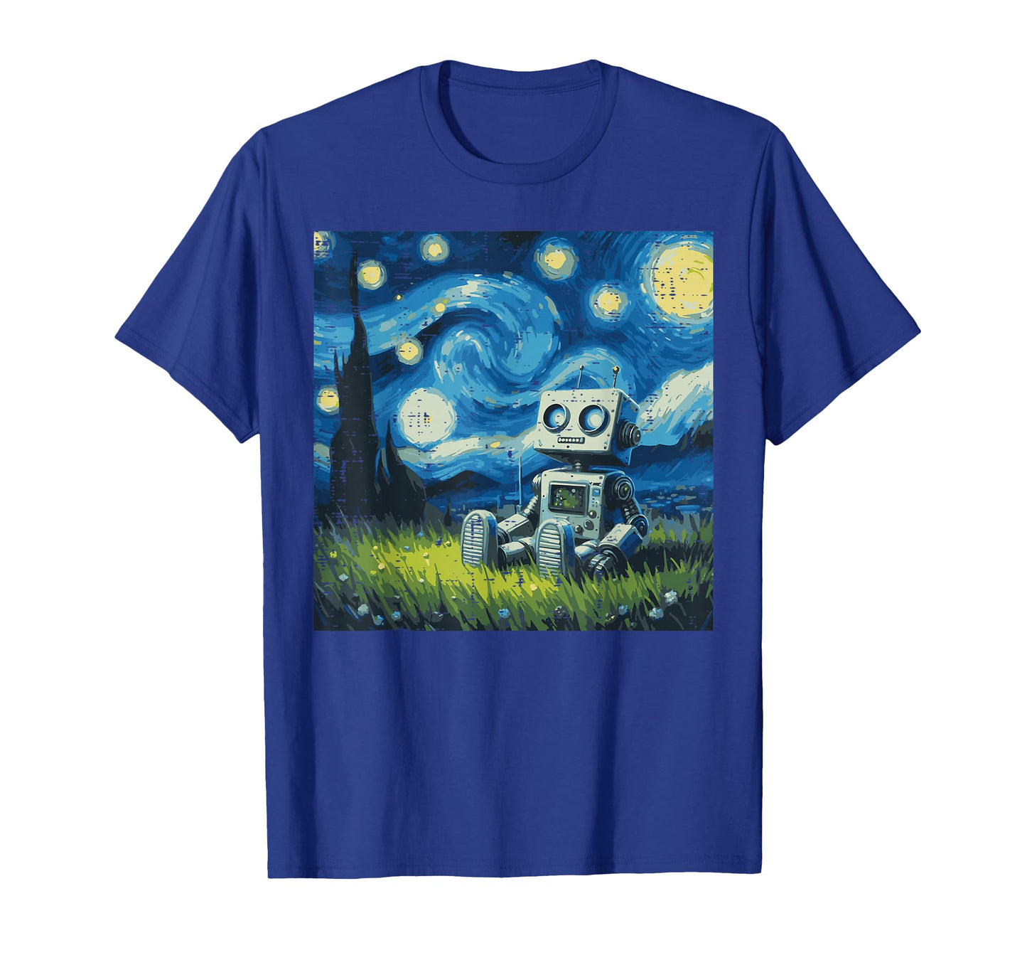 Starry Night Robot Funny Painting Art Meme Kids Men Women T-Shirt