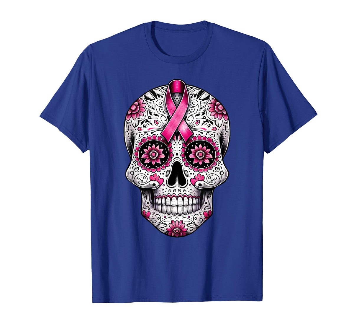 Pink Ribbon Sugar Skull Calavera Breast Cancer Awareness T-Shirt