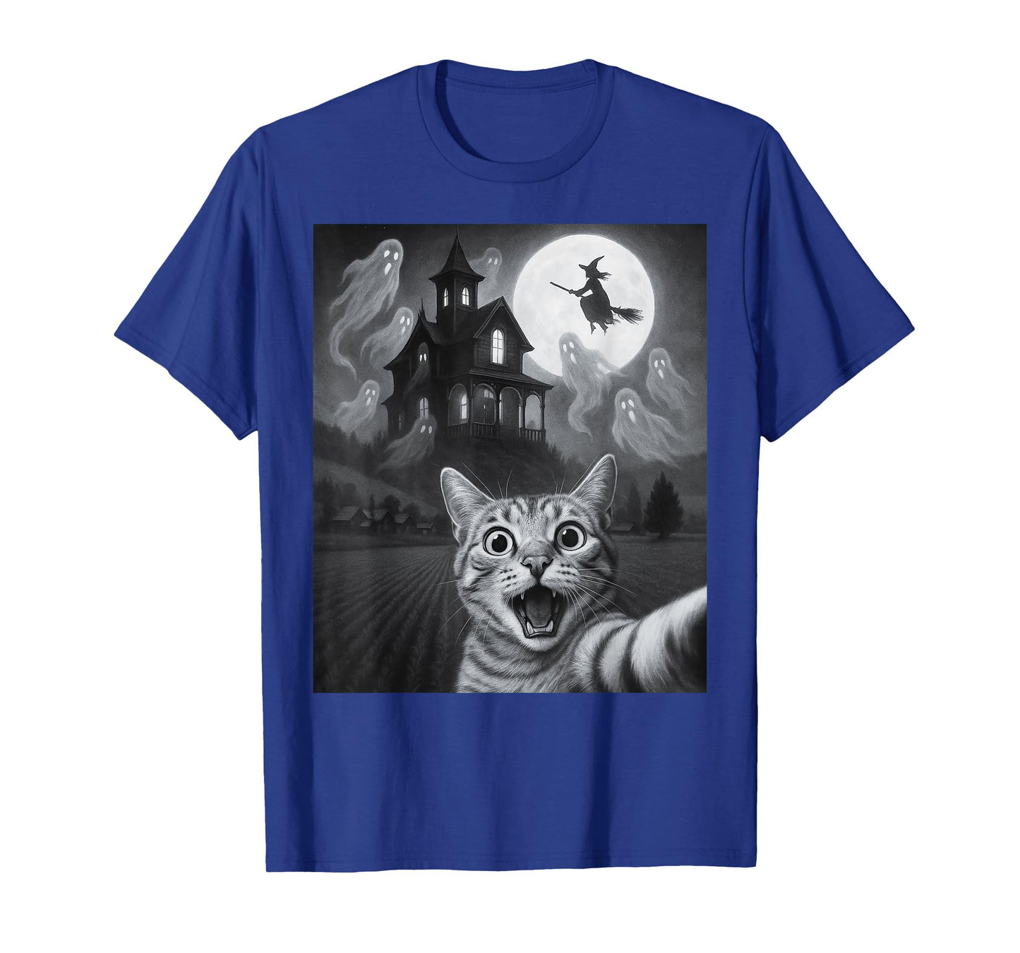 Halloween Cat Selfie With Scary House For Men Women Kids T-Shirt