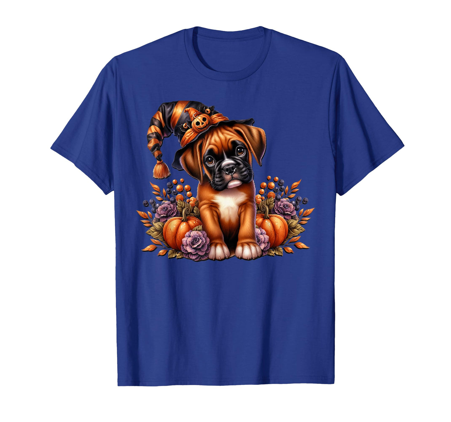 Boxer Dog Halloween Witch Graphic with Floral Fall Pumpkins T-Shirt