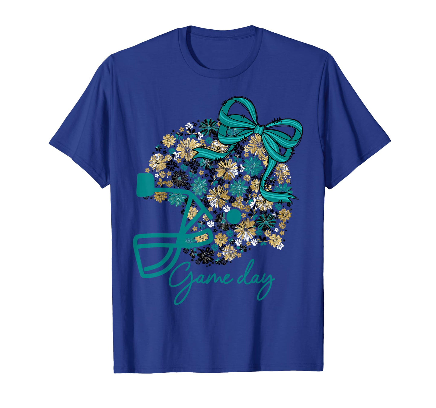 Floral Football Game Day Girly Team Spirit Black Teal & Gold T-Shirt