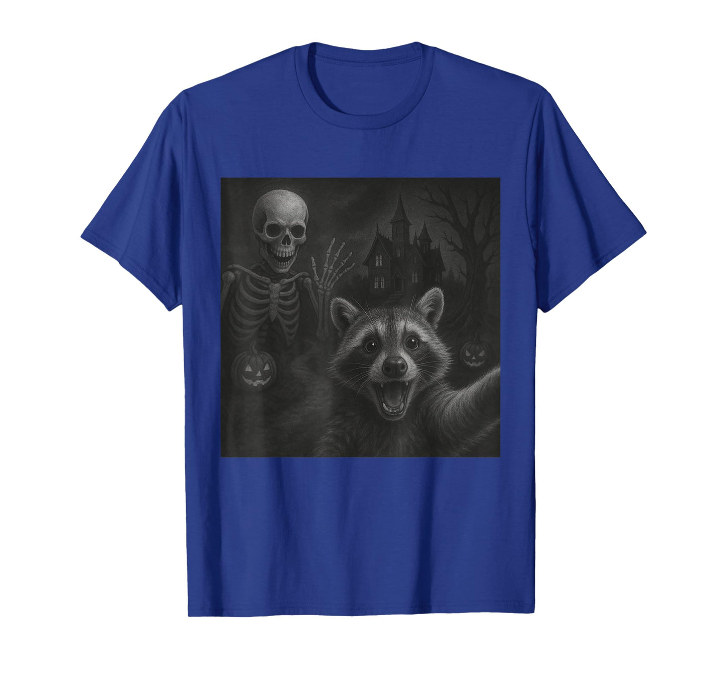 Raccoon Selfie With Skeleton Funny Raccoon Halloween Graphic T-Shirt