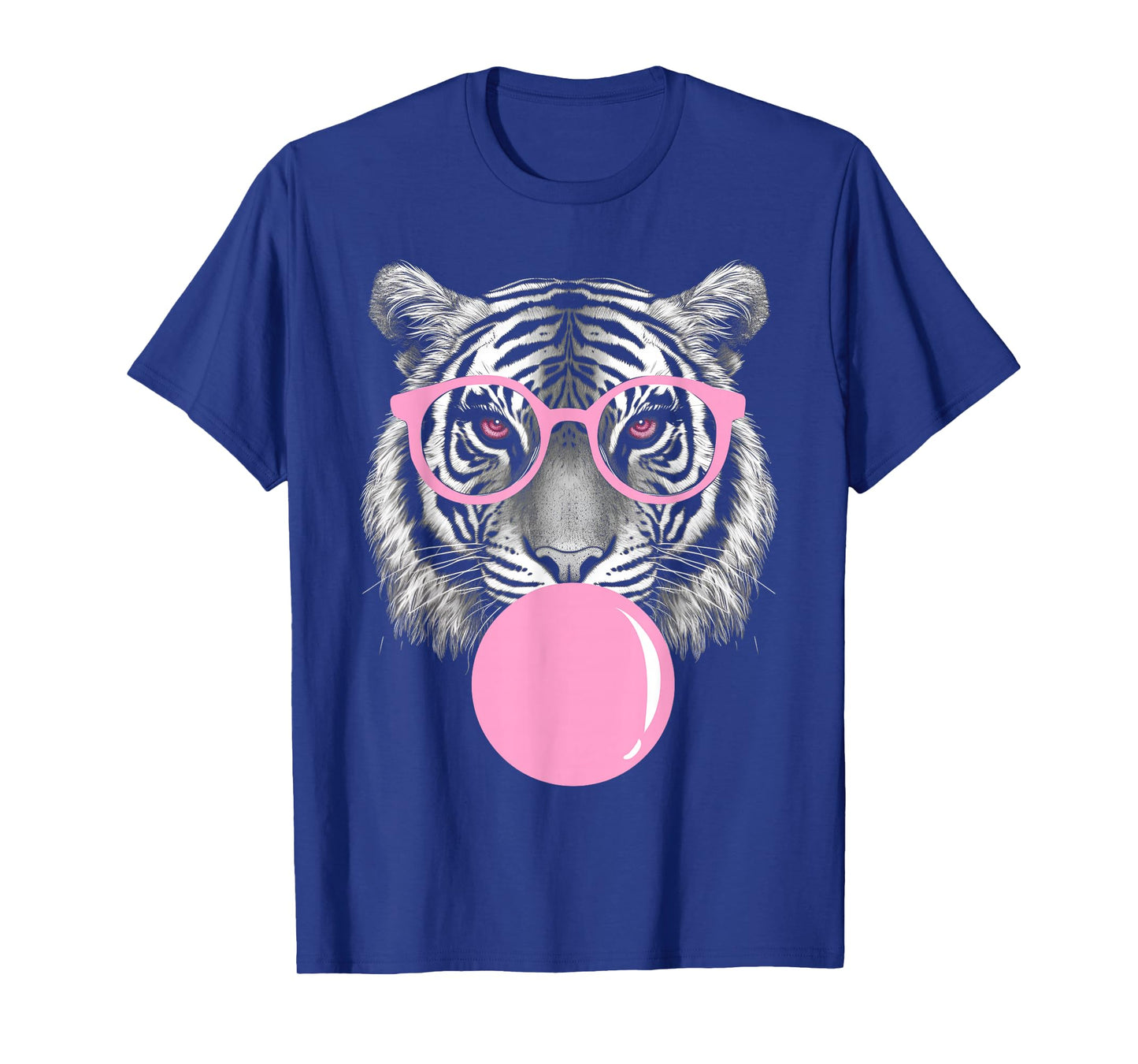 Funny Tiger Wearing Glasses and Blowing Pink Bubble Gum T-Shirt