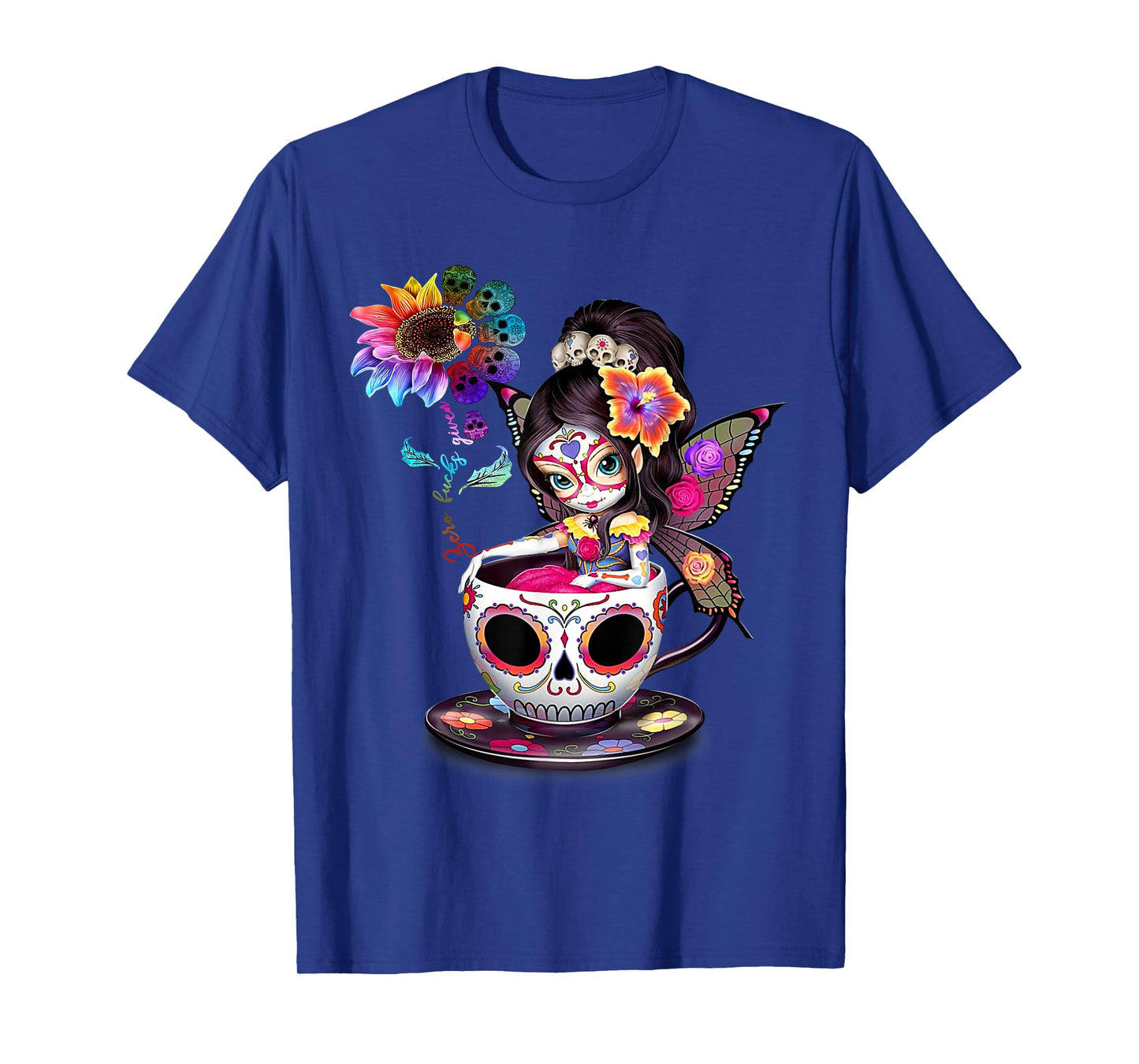 Zero Fucks Given Sugar Skull Rainbow Sunflower Skeleton T-Shirt