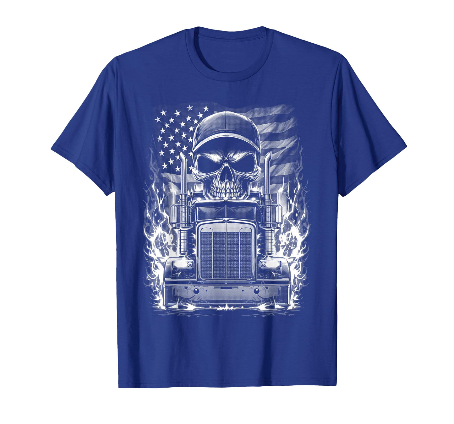 Trucker Patriotic American Flag Semi Truck Driver Skull T-Shirt