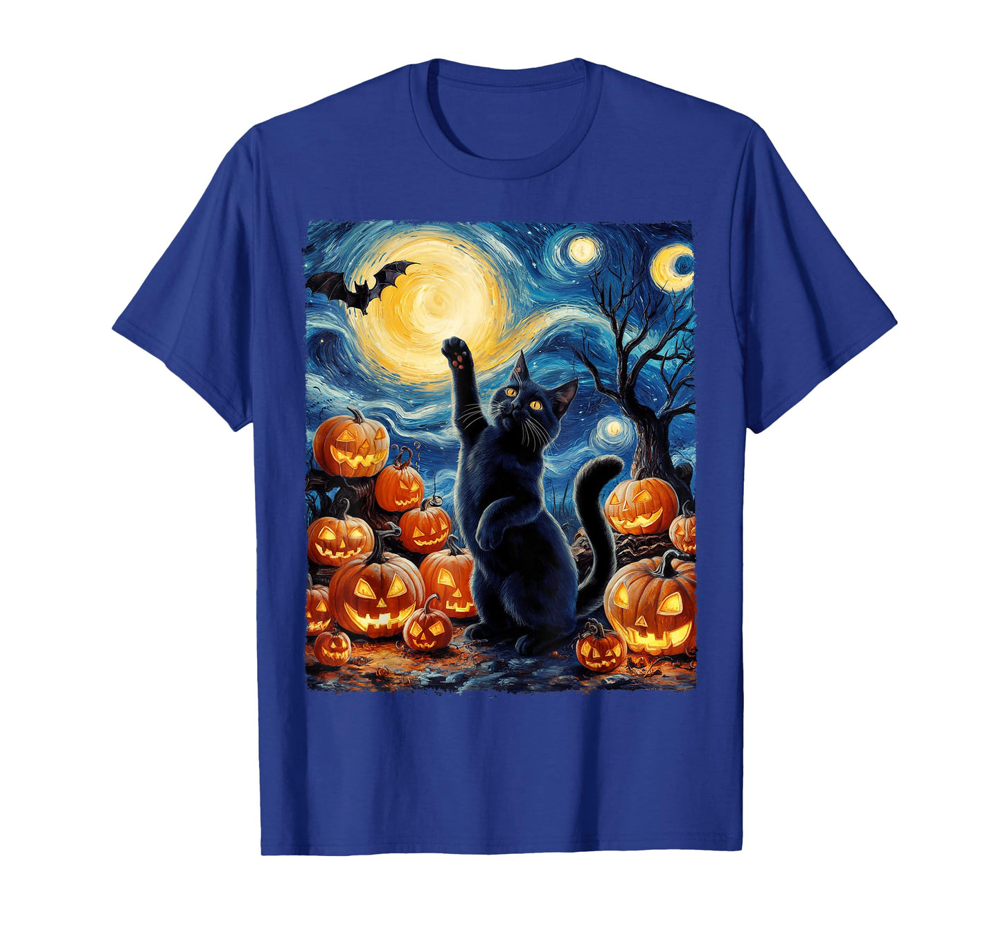 Halloween Cat Van Gogh Starry Night Pumpkin Gifts Men Women T-Shirt