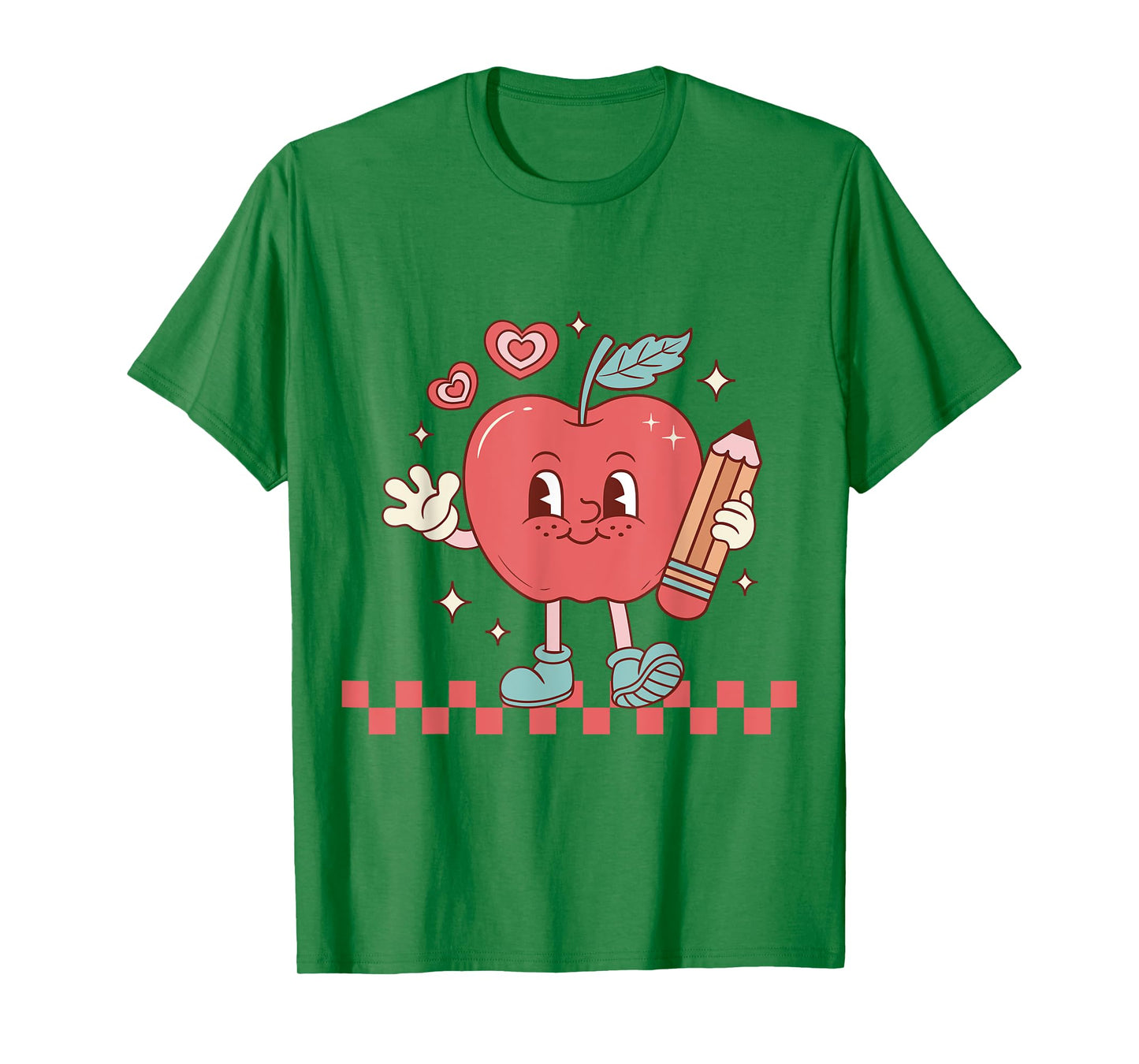 Cute Retro Checkered Apple with Face Teacher Pencil Trendy T-Shirt