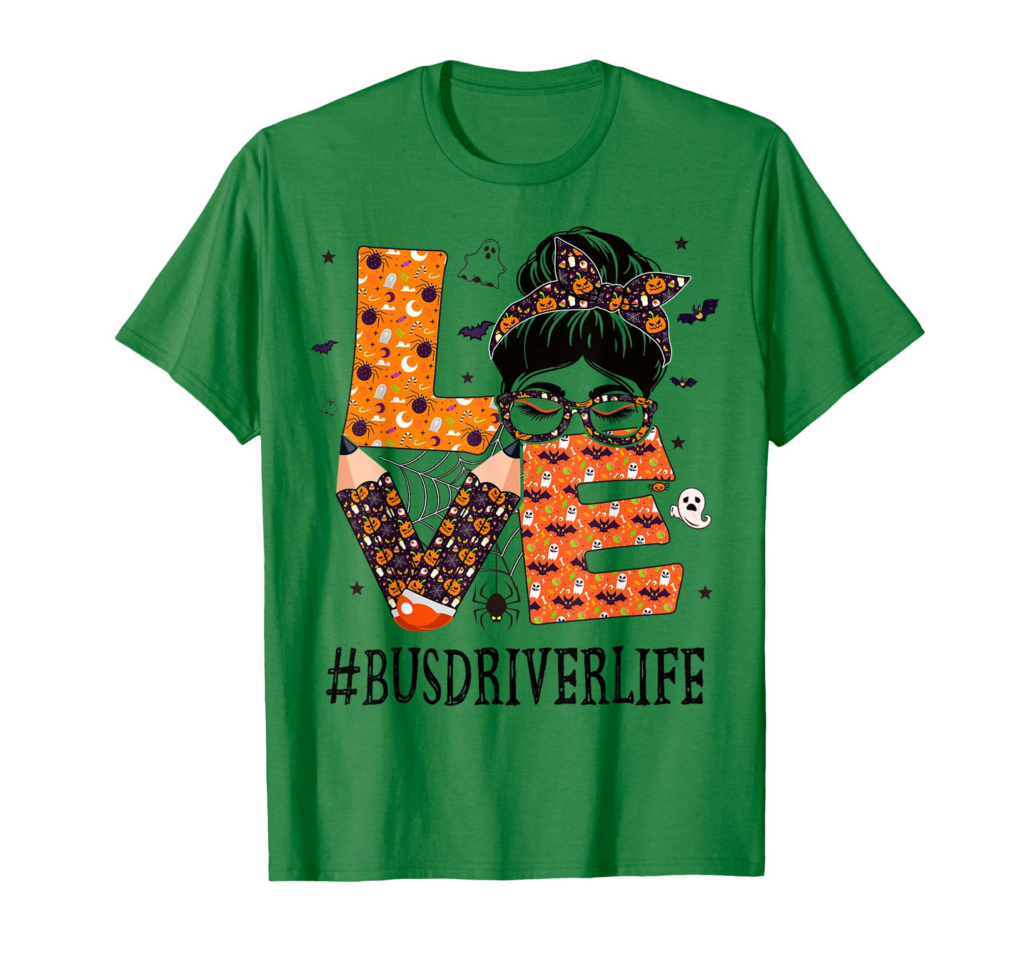 Bus Driver Love Messy Bun Pumpkin Women Halloween Costume T-Shirt