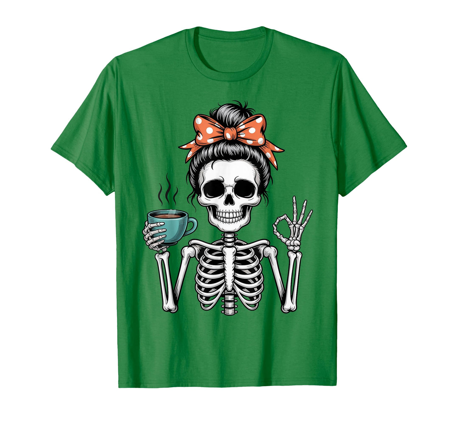 Messy Bun Skeleton Drinking Coffee Halloween Mom Women Girls T-Shirt