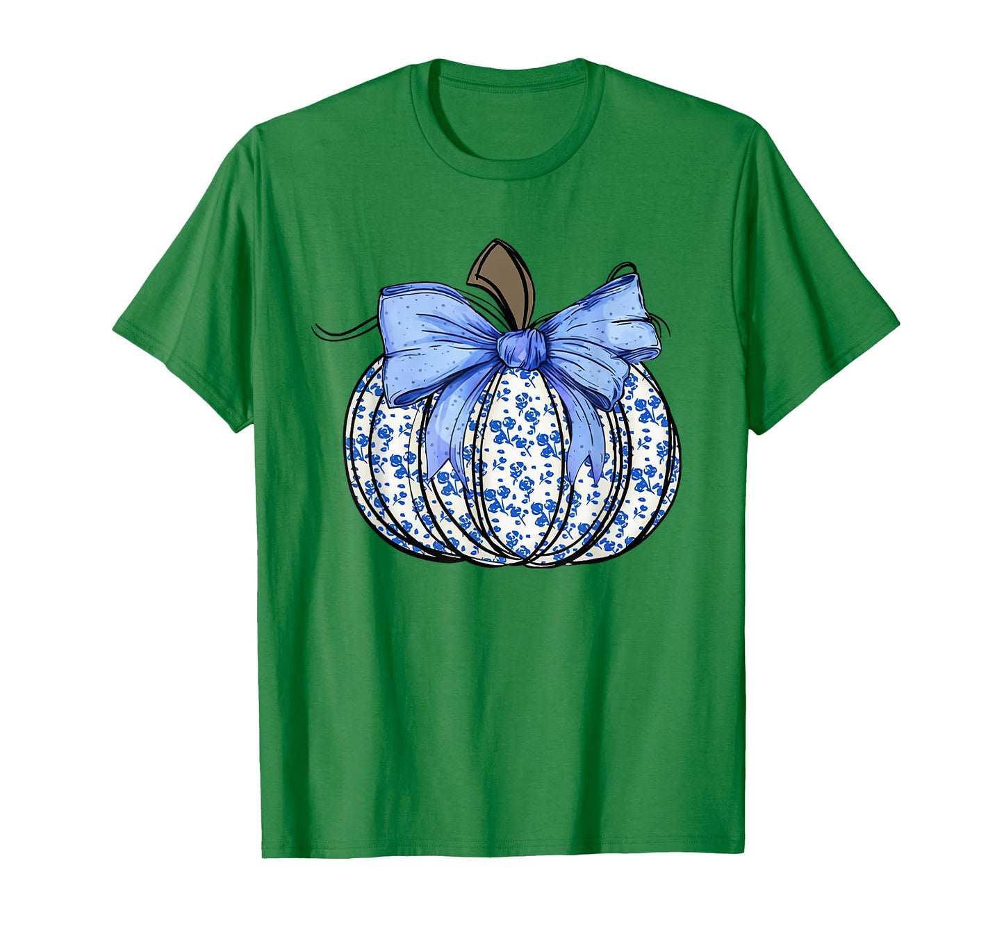 Retro Coquette Bow Blue Floral Pumpkin Halloween Autumn Fall T-Shirt