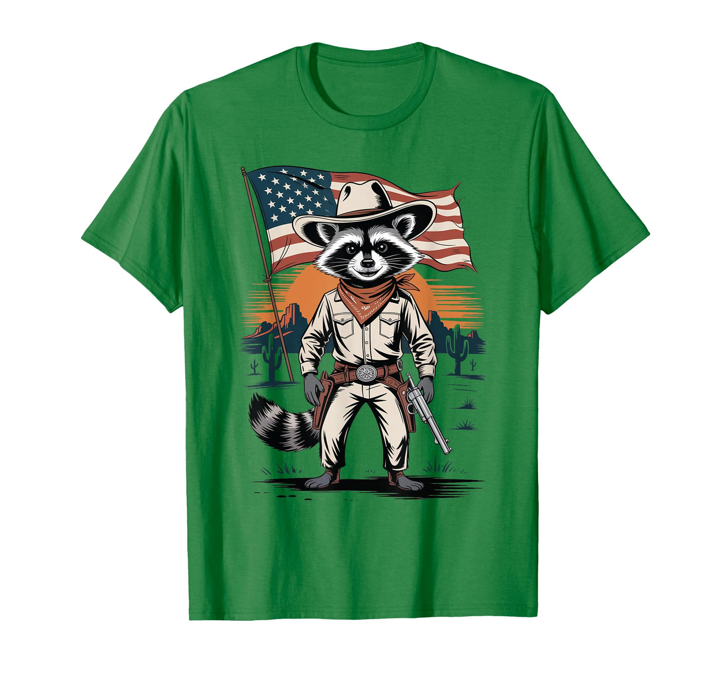 Vintage Racoon Cowboy Patriotic USA Flag Western Country T-Shirt
