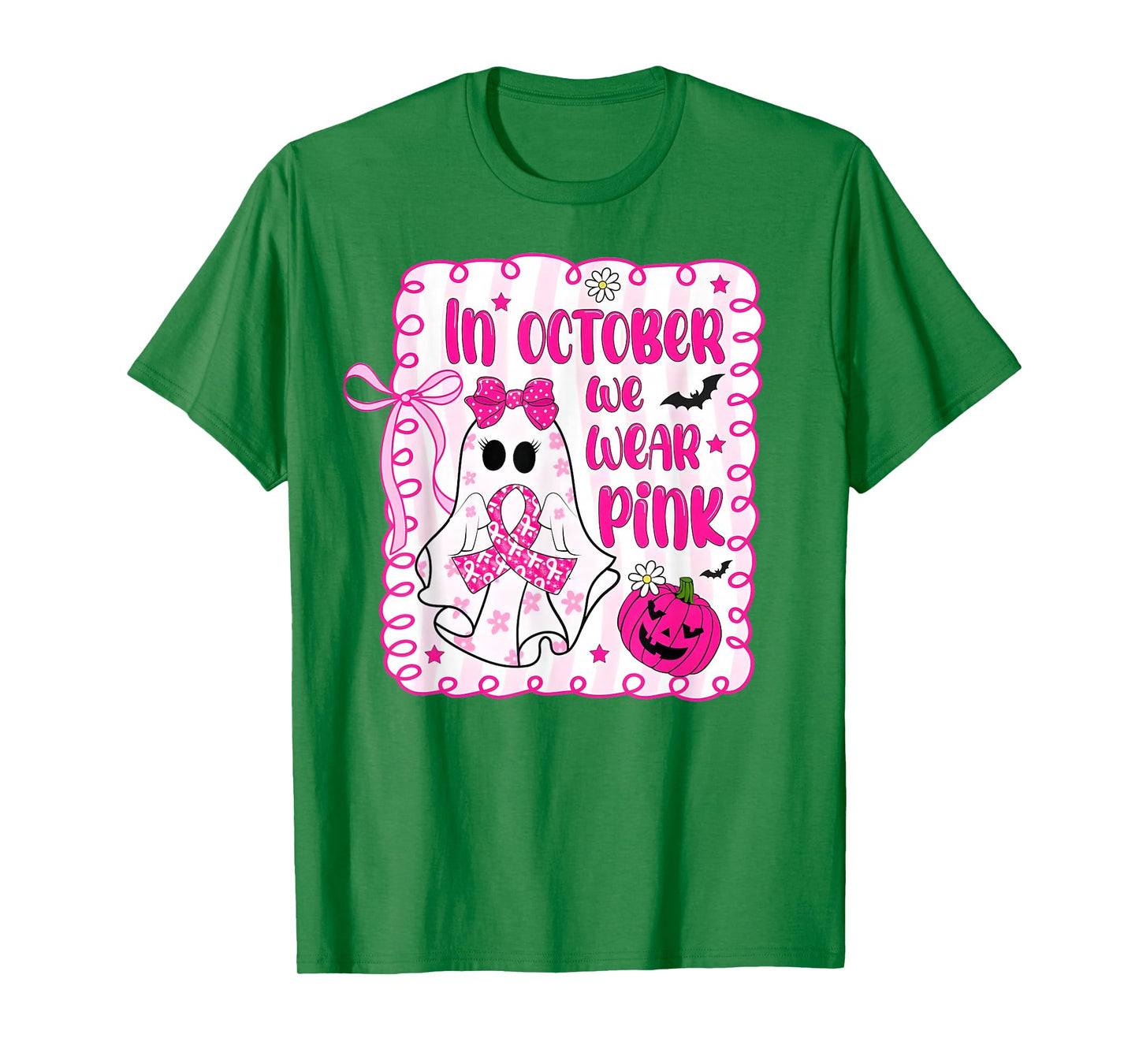 In October We Wear Pink Ghost Bow Breast Cancer Awareness T-Shirt
