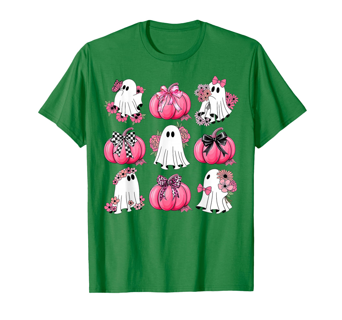 Cute Ghost Florals Pink Coquette Bows Pumpkins Halloween T-Shirt