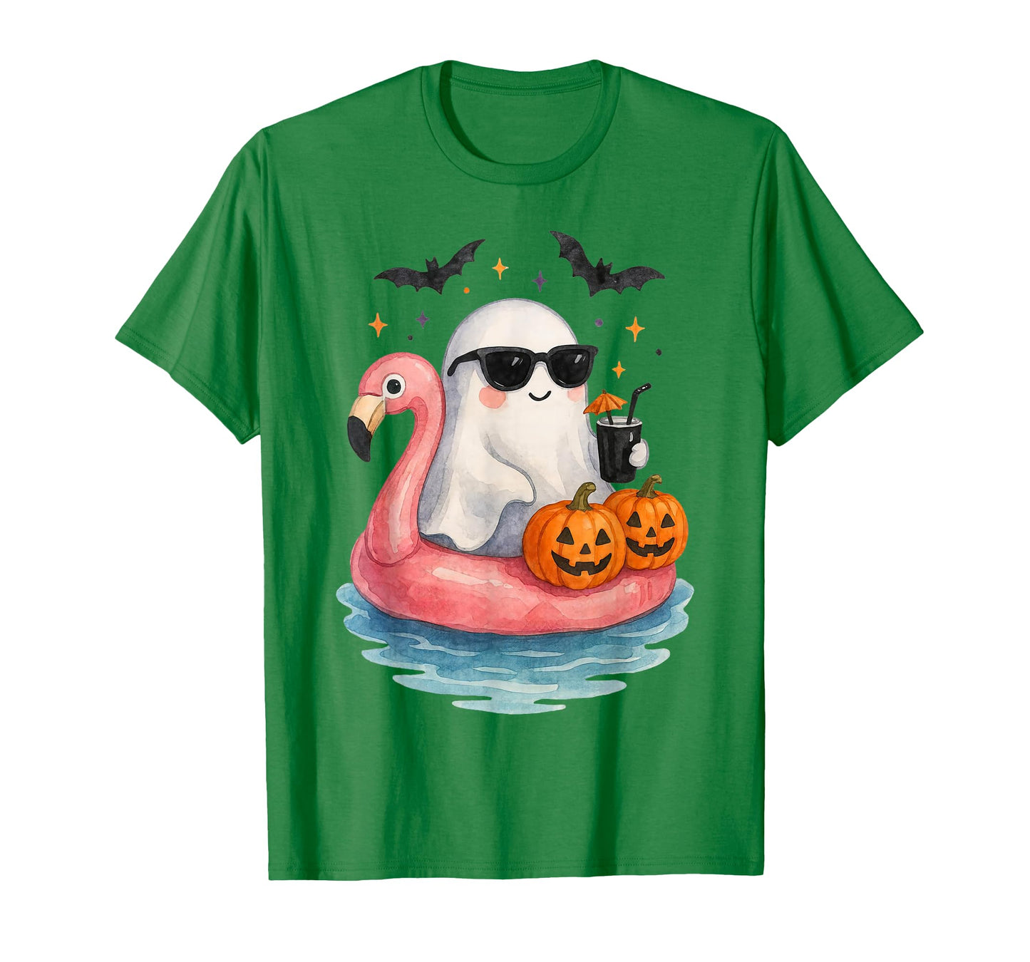 Summer Ghost Watercolor Cute Ghost With Flamingo Float Beach T-Shirt