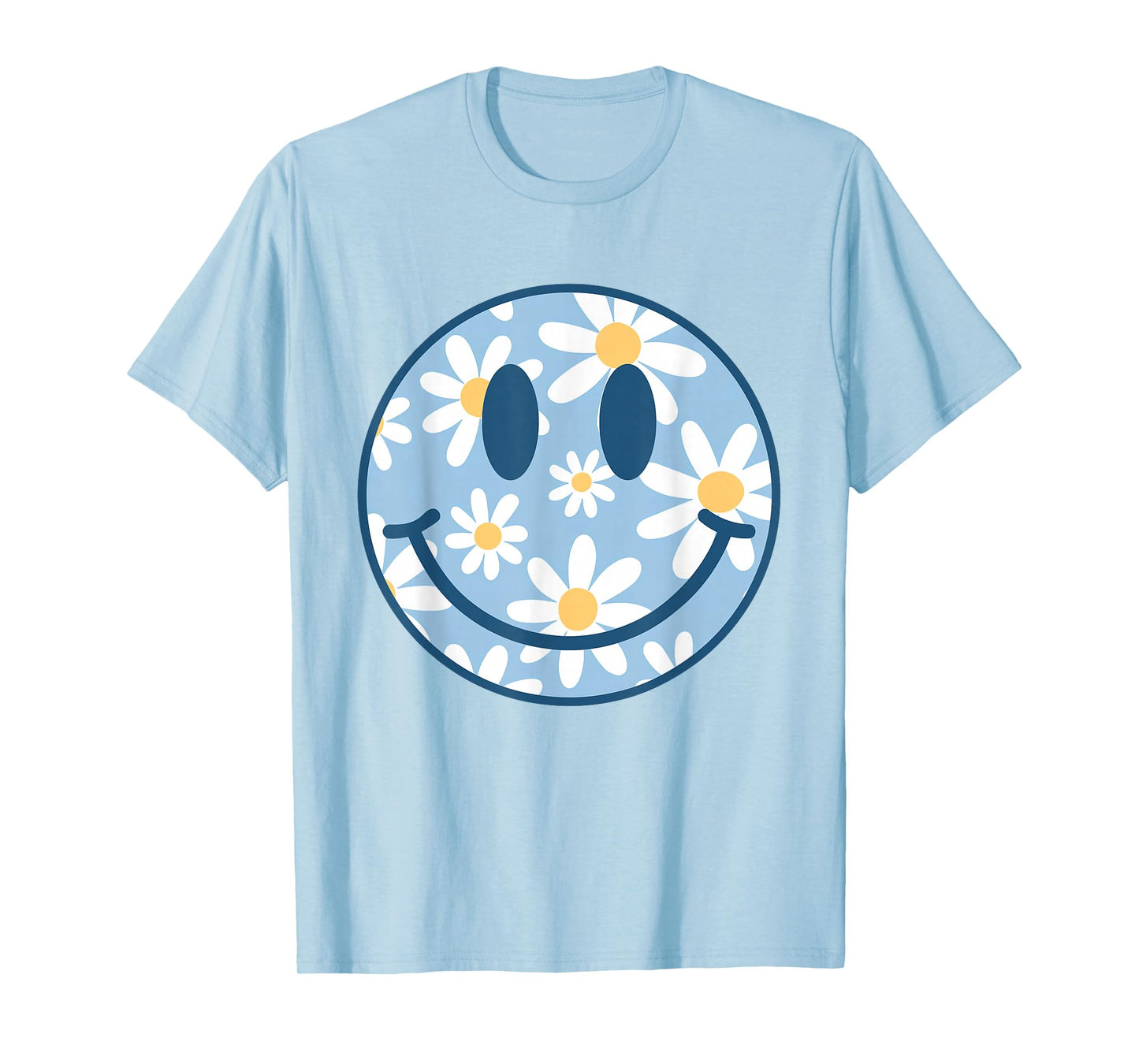 Retro Blue Happy Face Checkered Pattern Smile Face Trendy T-Shirt