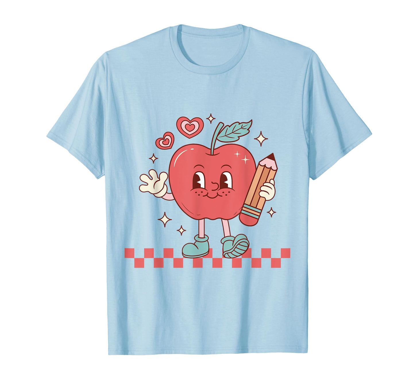 Cute Retro Checkered Apple with Face Teacher Pencil Trendy T-Shirt