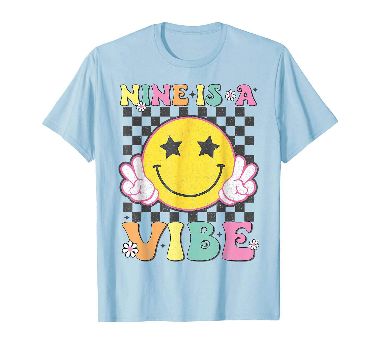 Nine Is A Vibe 9th Birthday Groovy Smile Face 9 Years Old T-Shirt