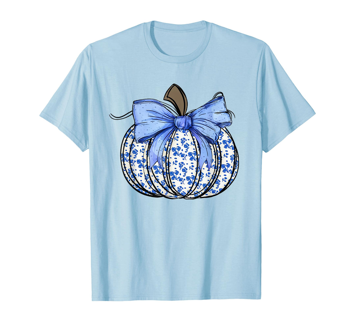 Retro Coquette Bow Blue Floral Pumpkin Halloween Autumn Fall T-Shirt