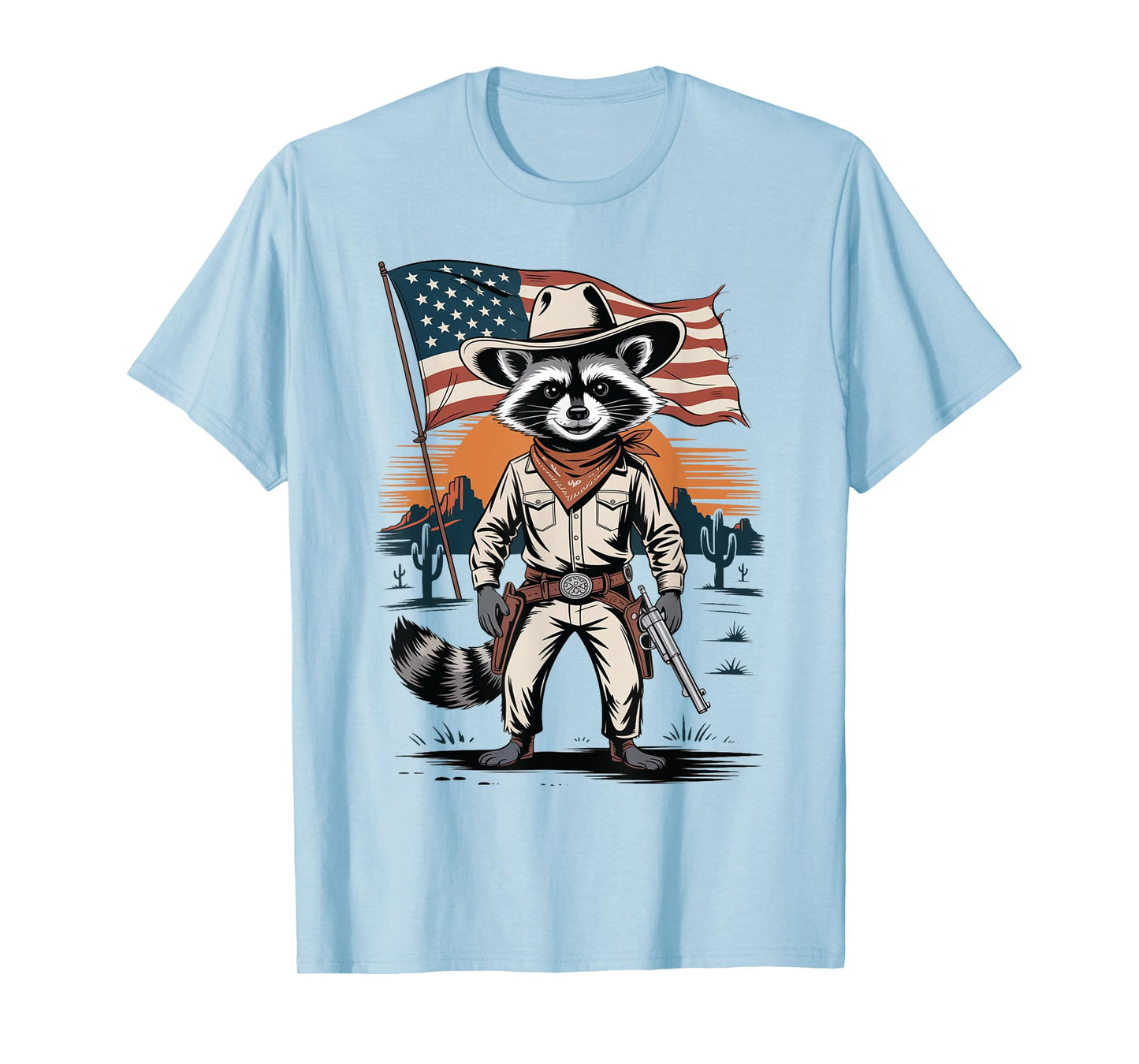Vintage Racoon Cowboy Patriotic USA Flag Western Country T-Shirt