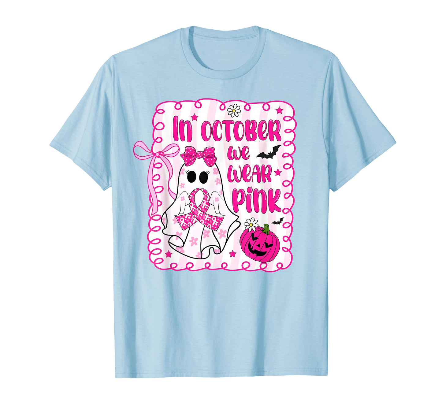 In October We Wear Pink Ghost Bow Breast Cancer Awareness T-Shirt