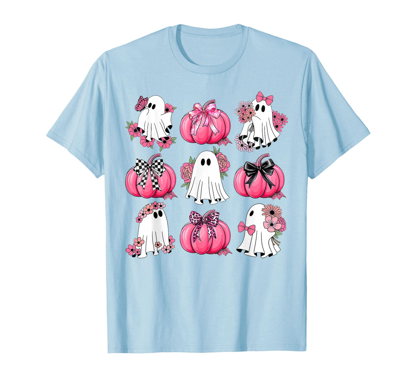 Cute Ghost Florals Pink Coquette Bows Pumpkins Halloween T-Shirt