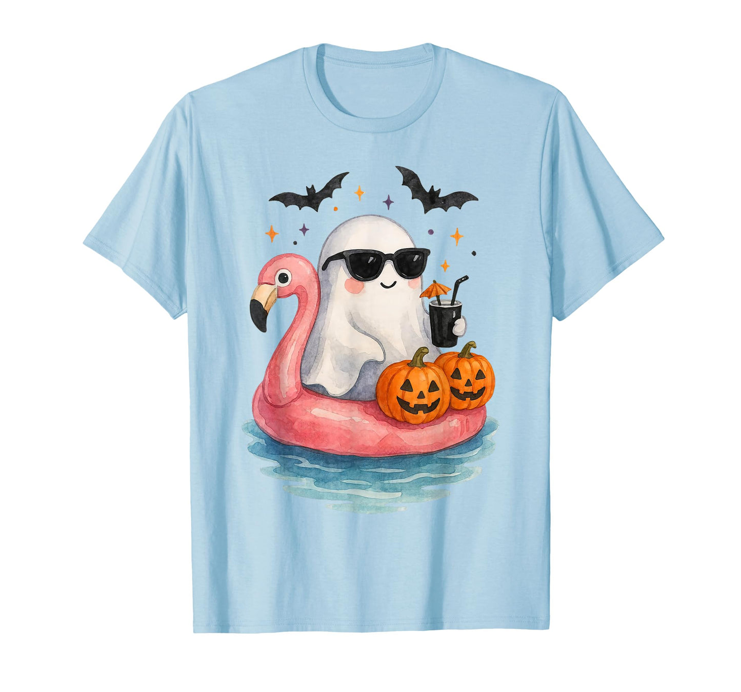 Summer Ghost Watercolor Cute Ghost With Flamingo Float Beach T-Shirt