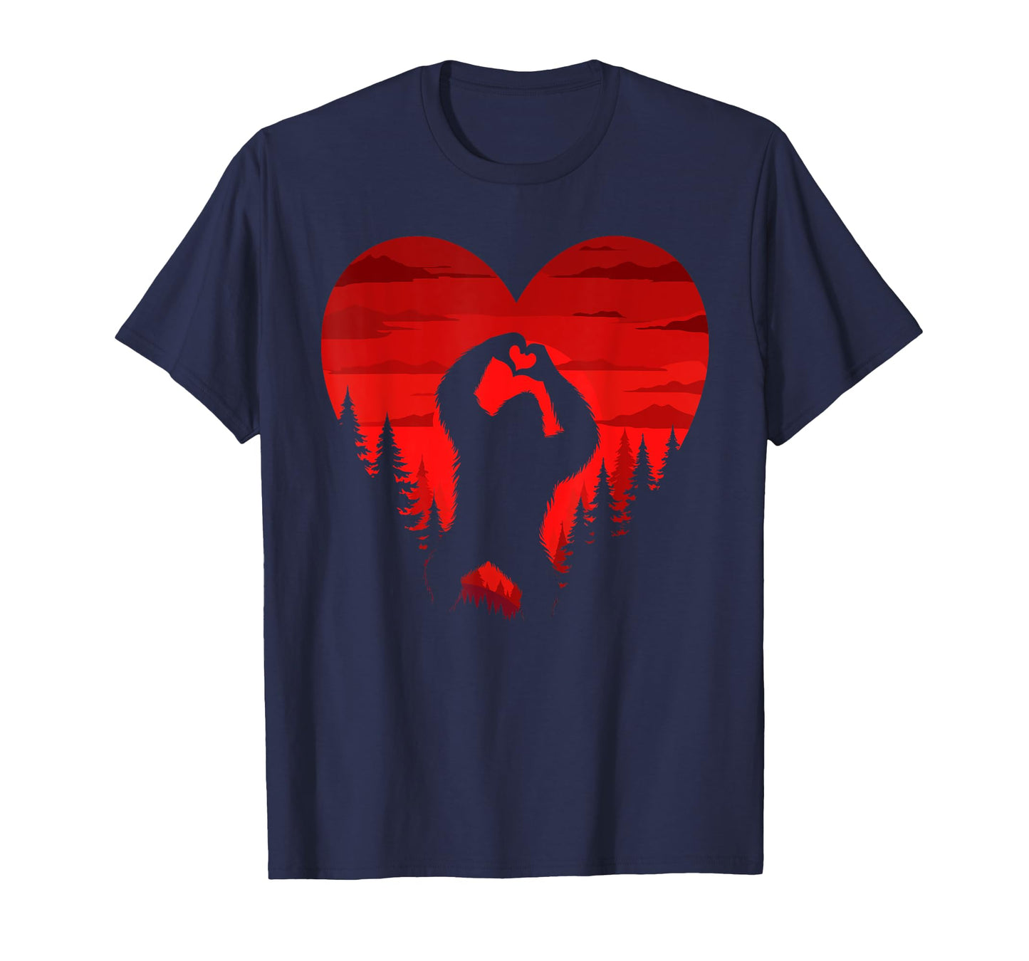 Bigfoot Heart Valentine Day Sasquatch Retro Landscape Forest T-Shirt