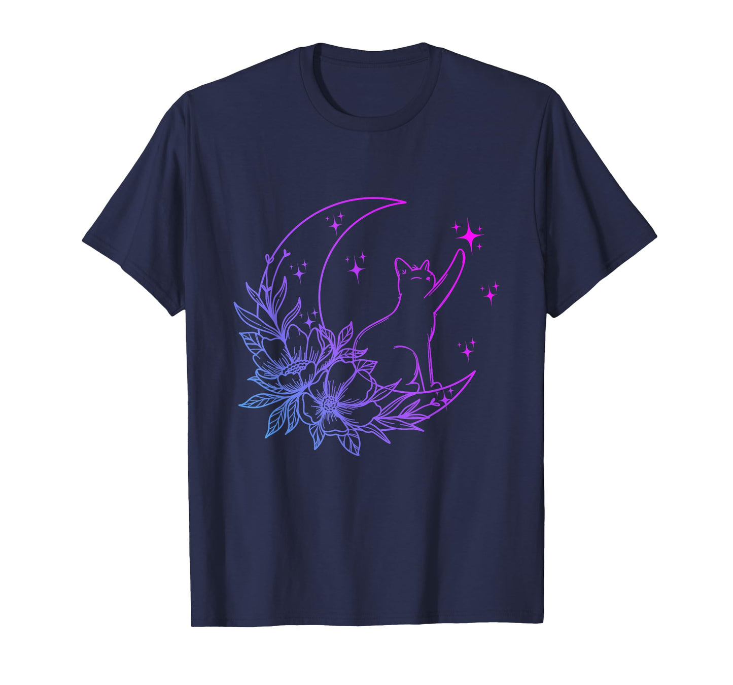 Cat Sitting On Crescent Moon Flowers Stars Women Girls Kids T-Shirt