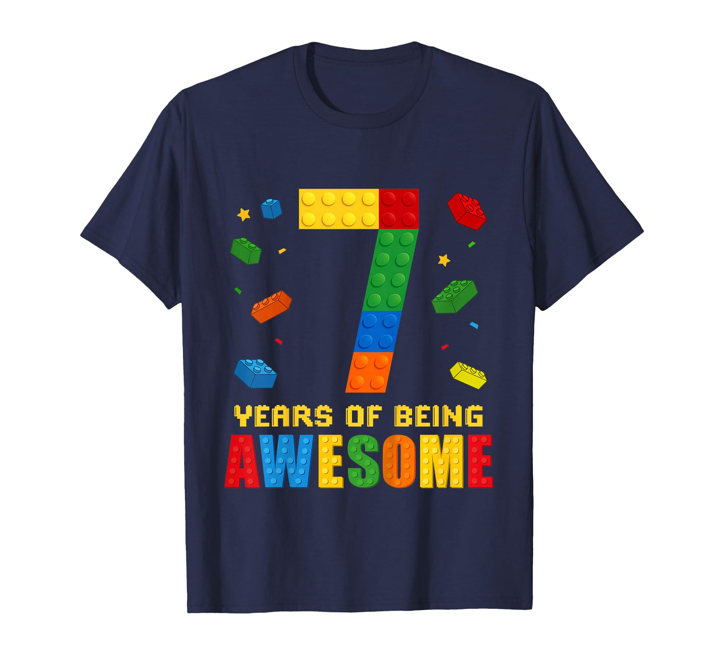 Kids 7 Year Old Birthday Boy Being Awesome Building Bricks 7th T-Shirt