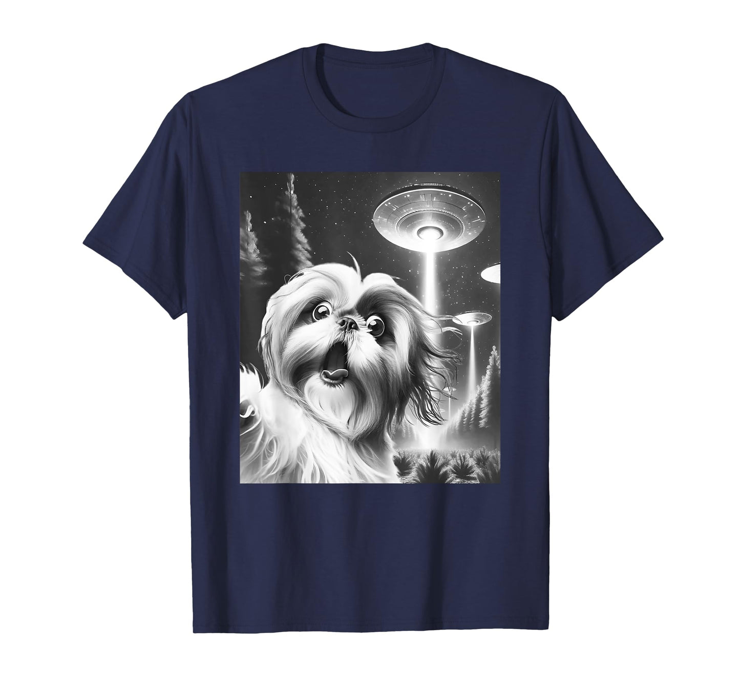 Funny Shih Tzu Alien UFO Taking a Selfie Dog Mom Dad Men Women Girls Kids T-Shirt