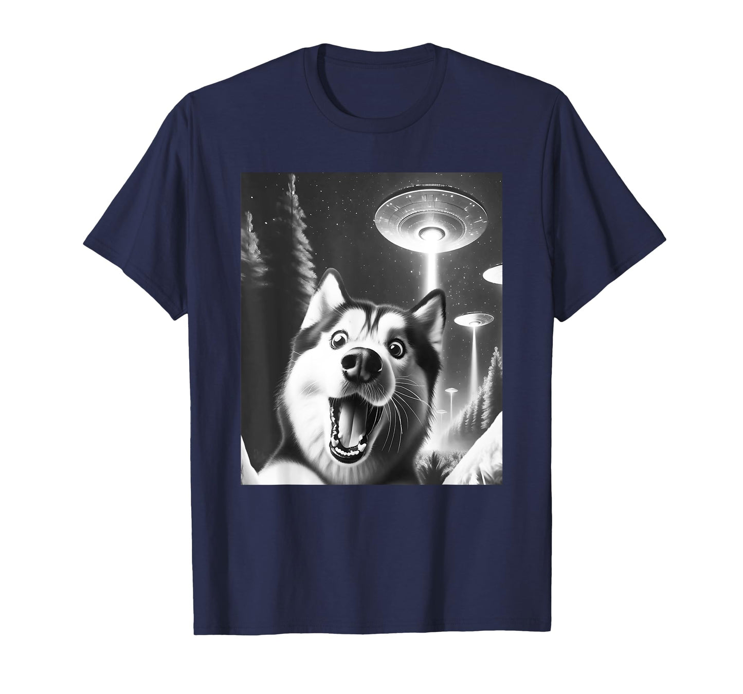 Funny Siberian Husky Alien UFO Taking a Selfie Dog Mom Dad T-Shirt
