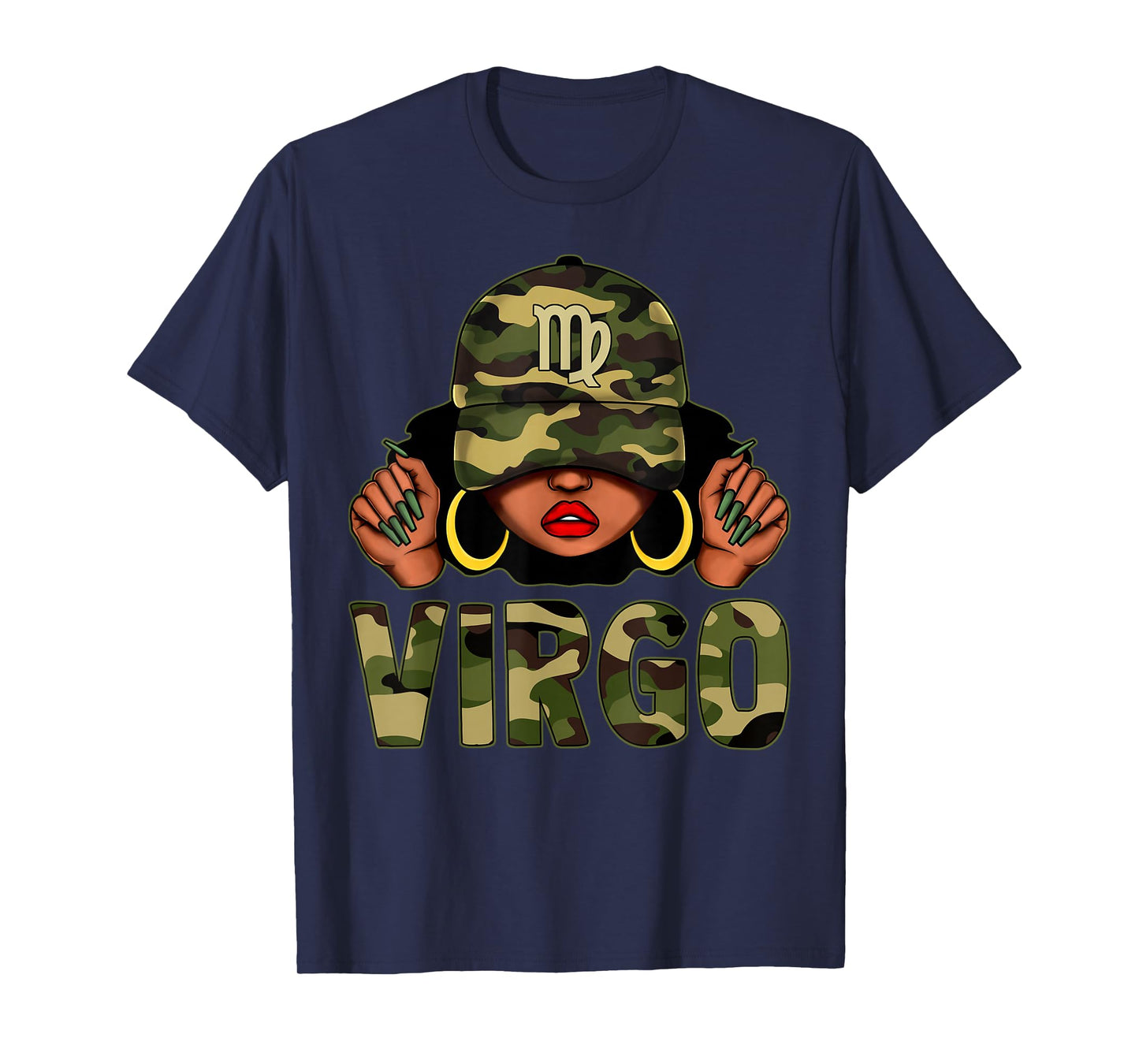 Virgo Queen Black Woman With Cap Camo Afro Girl Zodiac T-Shirt