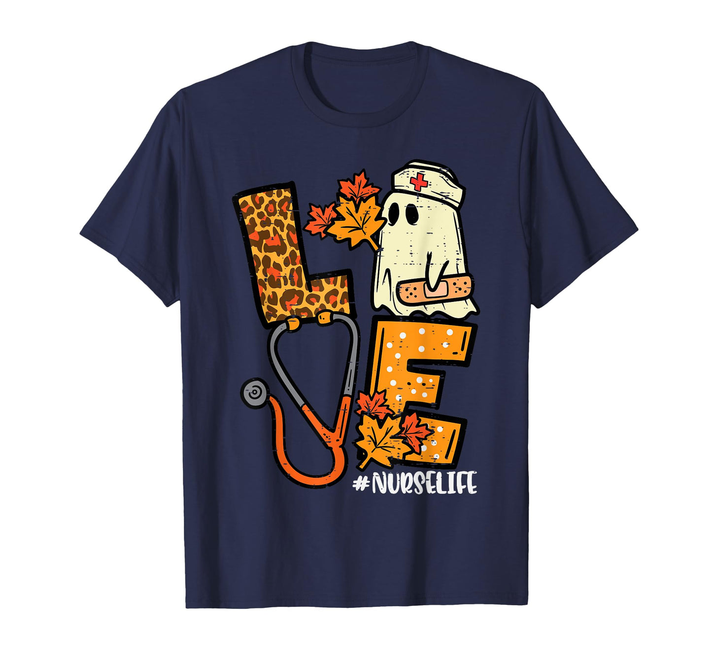 Leopard Ghost Nurse Halloween Costume Fall Scrub Top Women T-Shirt