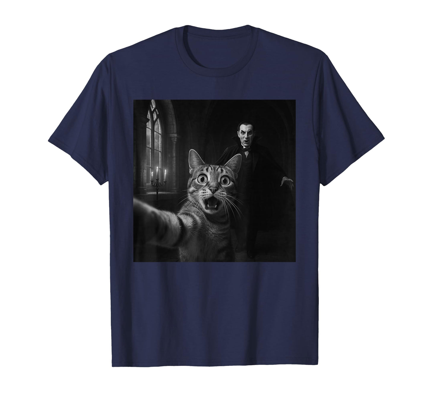 Funny Halloween Surprised Scared Cat Selfie Dracula Vampire T-Shirt