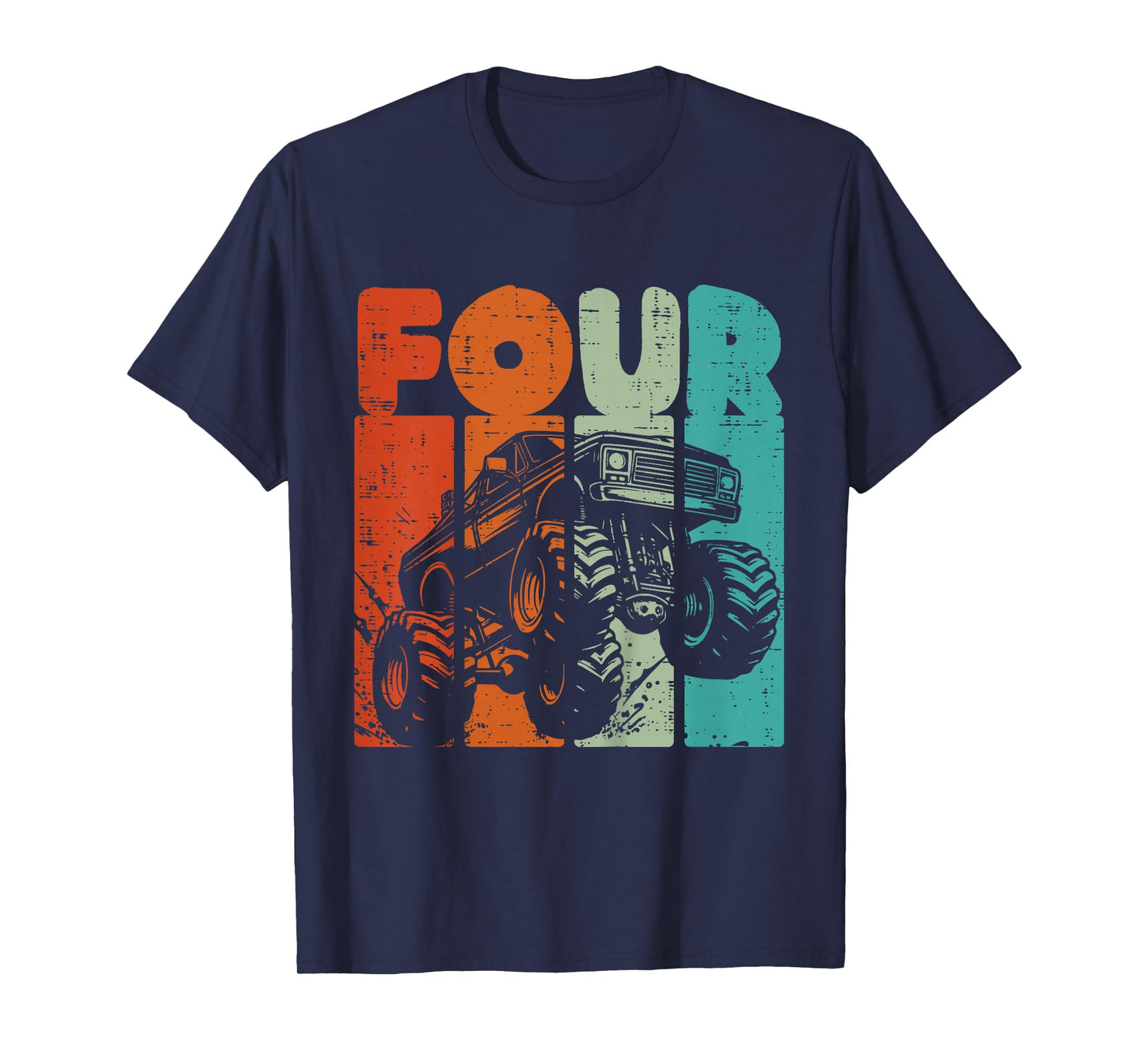 Kids 4th Birthday Monster Truck Four Retro 4 Year Old Bday Boys T-Shirt