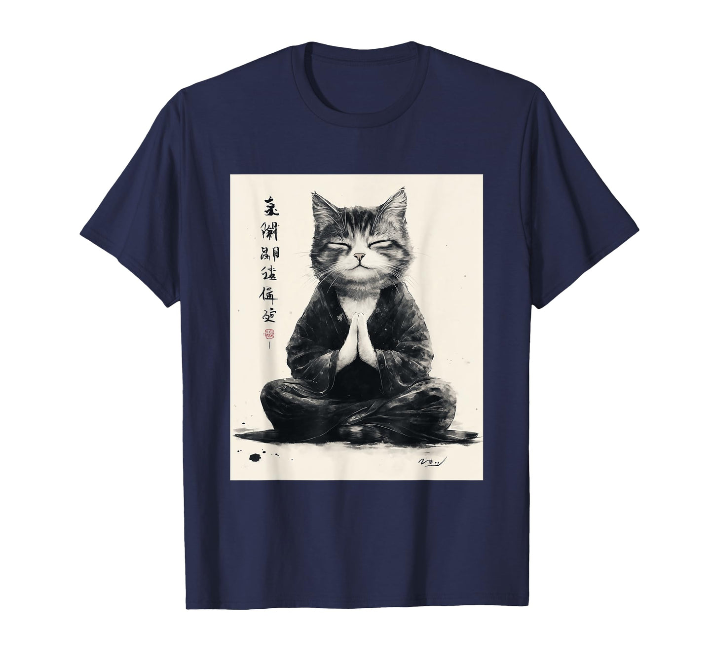 Zen Cat T-Shirt - Meditating Japanese Art Style Graphic Tee T-Shirt for Men Women Kids