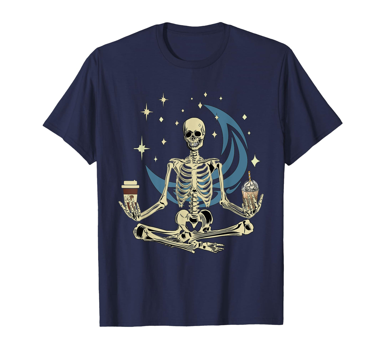 Skeleton Doing Yoga And Drinking Coffee Funny Meditation T-Shirt