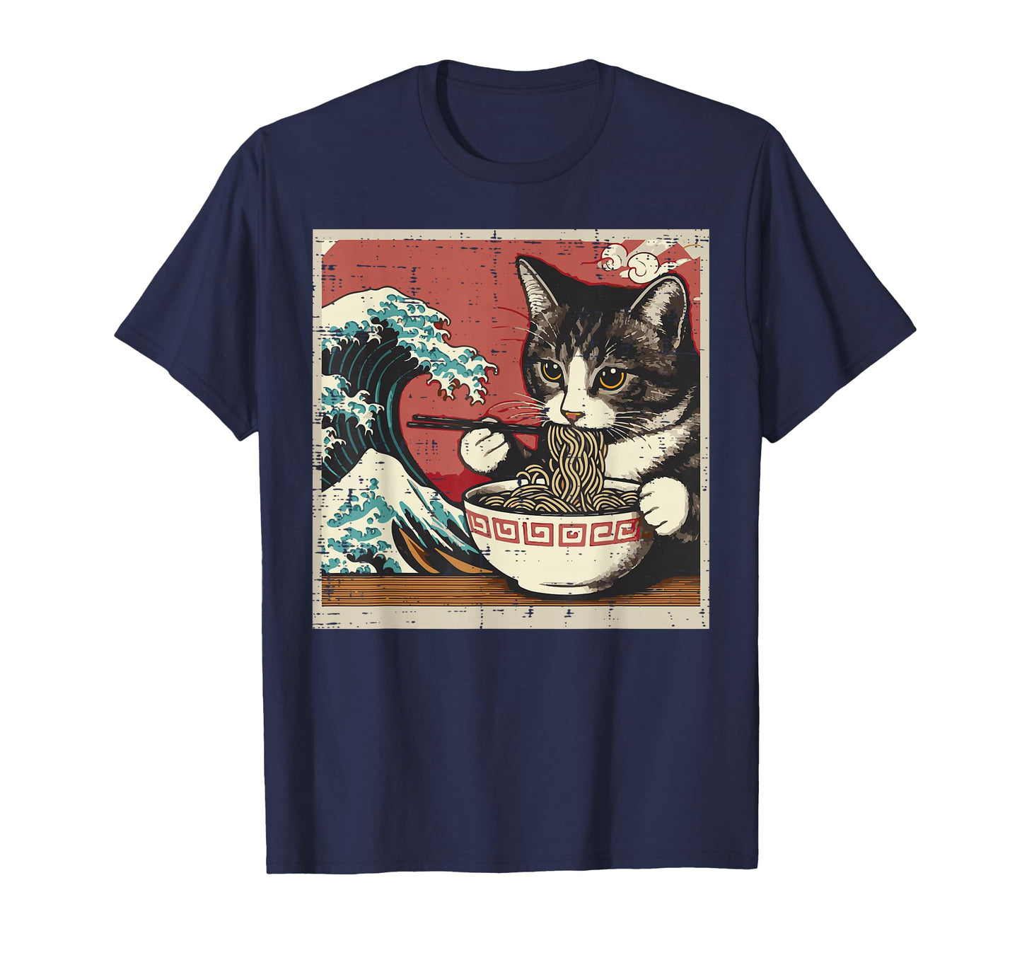 Cat Eating Ramen Great Wave Japanese Food Art Women Men Kids T-Shirt