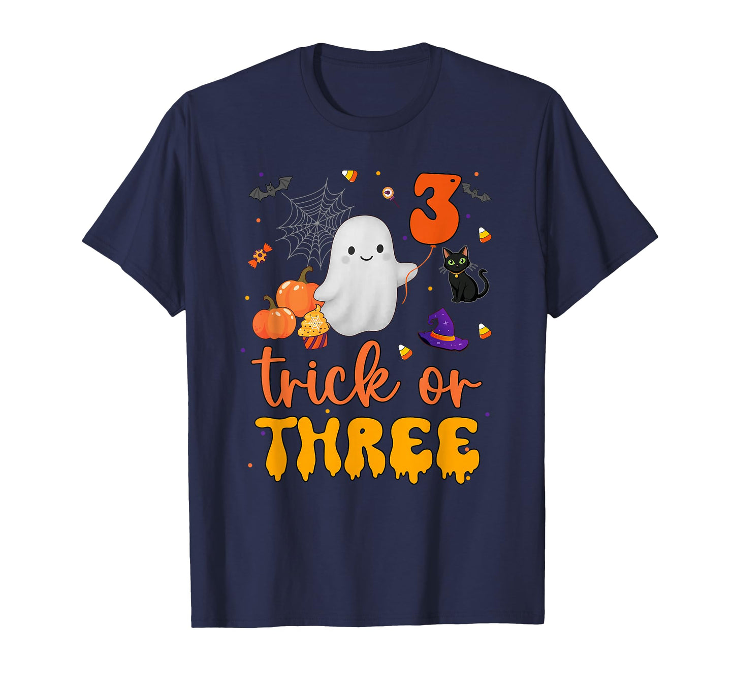 Trick or Three Ghost Pumpkins Cat Halloween 3rd Birthday Boy T-Shirt